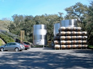 Fermentation tanks in the parking lot of Alexander Valley Vineyards