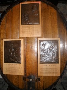 One of the large oak barrels with plaques in the Vintners Hall of Fame