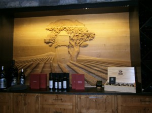 Carved Water Tower picture behind the tasting bar at Silver Oak Napa